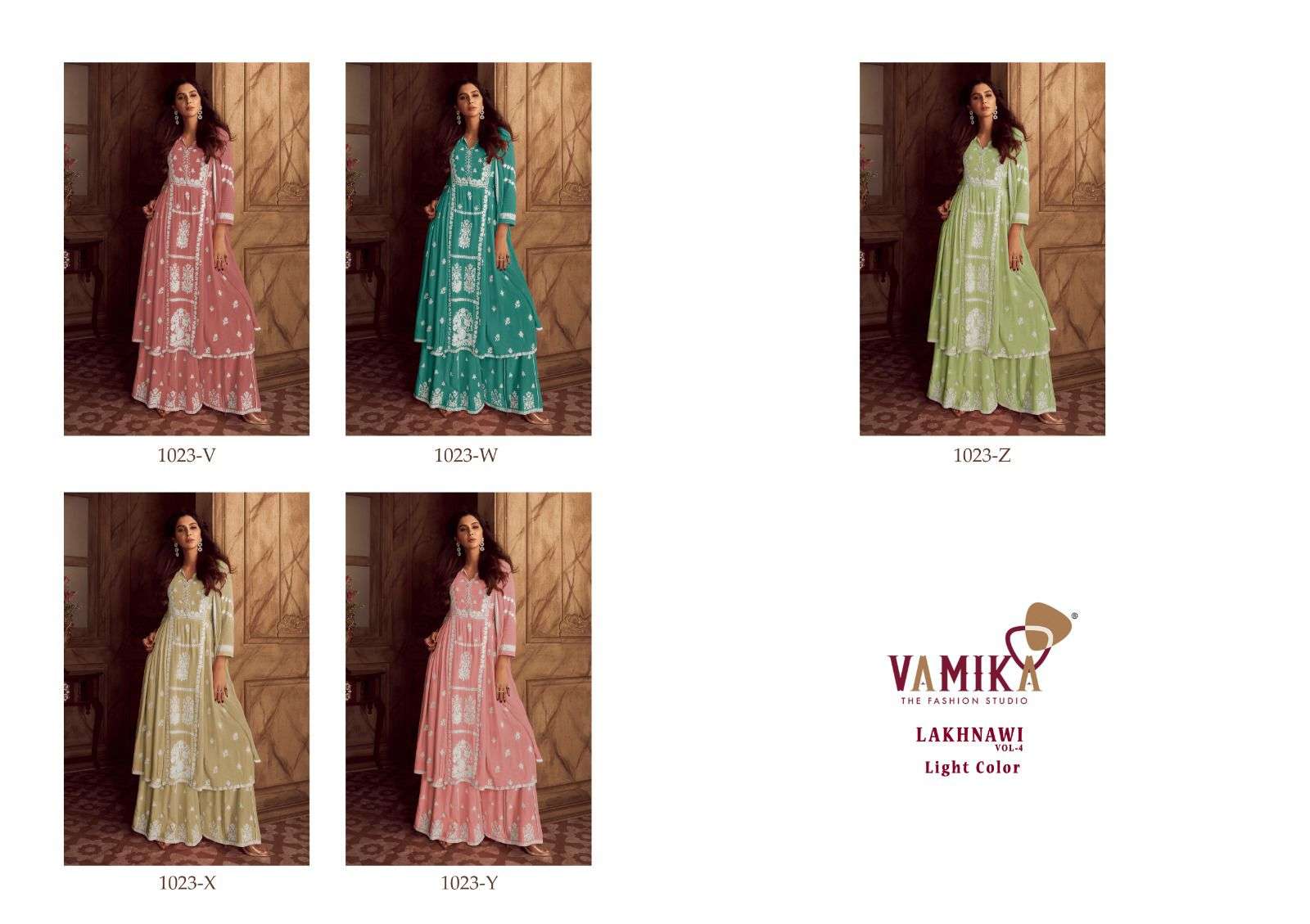 LAKHNAVI VOL-4 BY VAMIKA HEAVY RAYON WHITE THREAD EMBROIDERY WORK KURTI PLAZO WITH NAZNMIN DUPATTA 