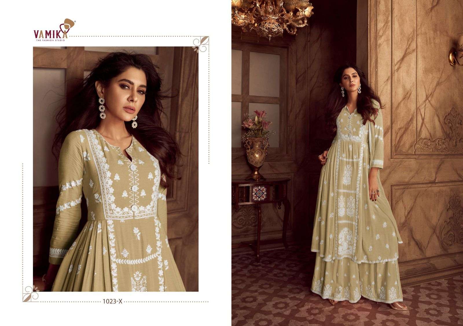 LAKHNAVI VOL-4 BY VAMIKA HEAVY RAYON WHITE THREAD EMBROIDERY WORK KURTI PLAZO WITH NAZNMIN DUPATTA 