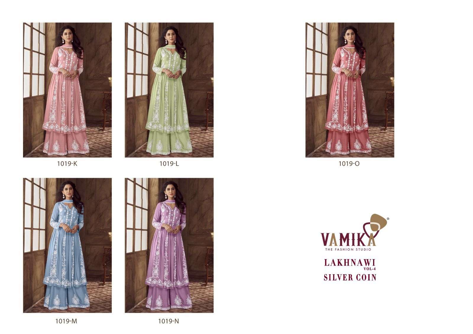 LAKHNAVI VOL-4 SILVER COIN BY VAMIKA HEAVY RAYON WHITE THREAD WORK KURTI PLAZO WITH DUPATTA 