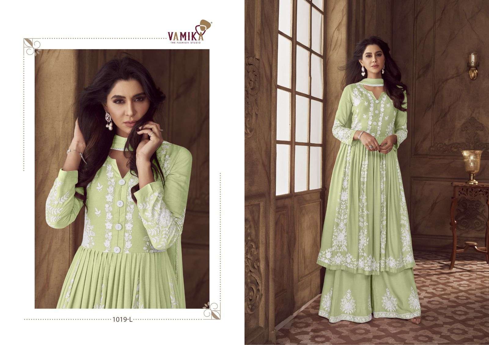 LAKHNAVI VOL-4 SILVER COIN BY VAMIKA HEAVY RAYON WHITE THREAD WORK KURTI PLAZO WITH DUPATTA 