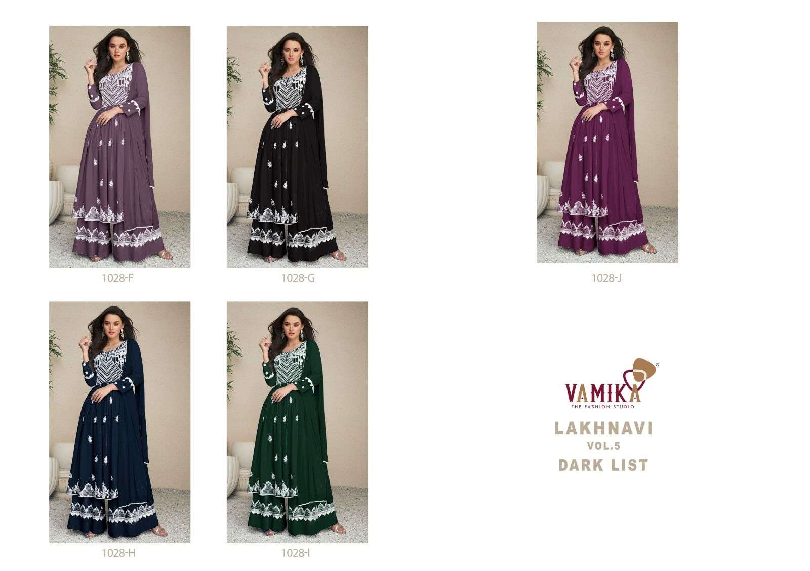 LAKHNAVI VOL-5  DARK LIST BY VAMIKA HEAVY RAYON KURTI PLAZO DUPATTA WITH WHITE THREAD WORK 