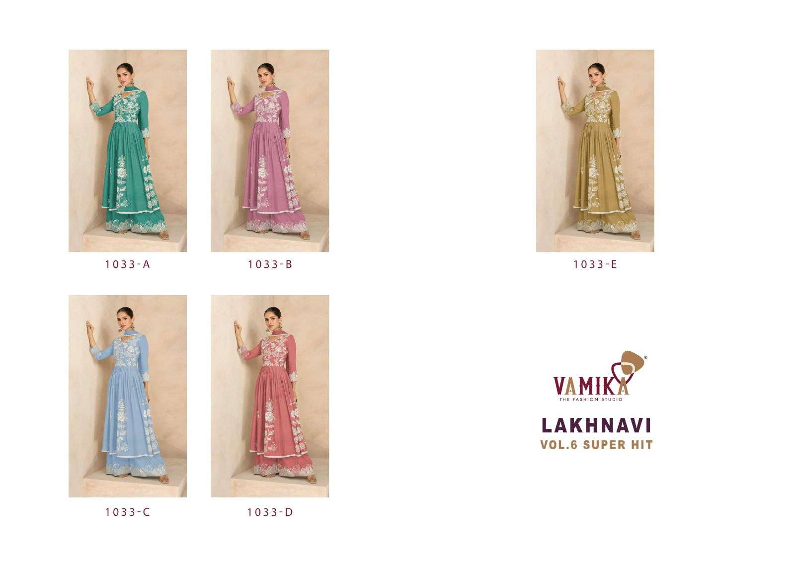 LAKHNAVI VOL-6 SUPER HIT BY VAMIKA HEAVY RAYON EMBROIDERY KURTI PLAZO DUPATTA WITH WHITE THREAD WORK 