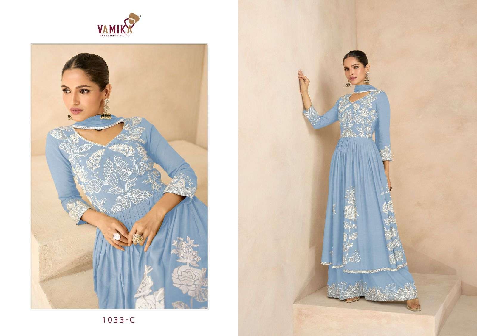 LAKHNAVI VOL-6 SUPER HIT BY VAMIKA HEAVY RAYON EMBROIDERY KURTI PLAZO DUPATTA WITH WHITE THREAD WORK 