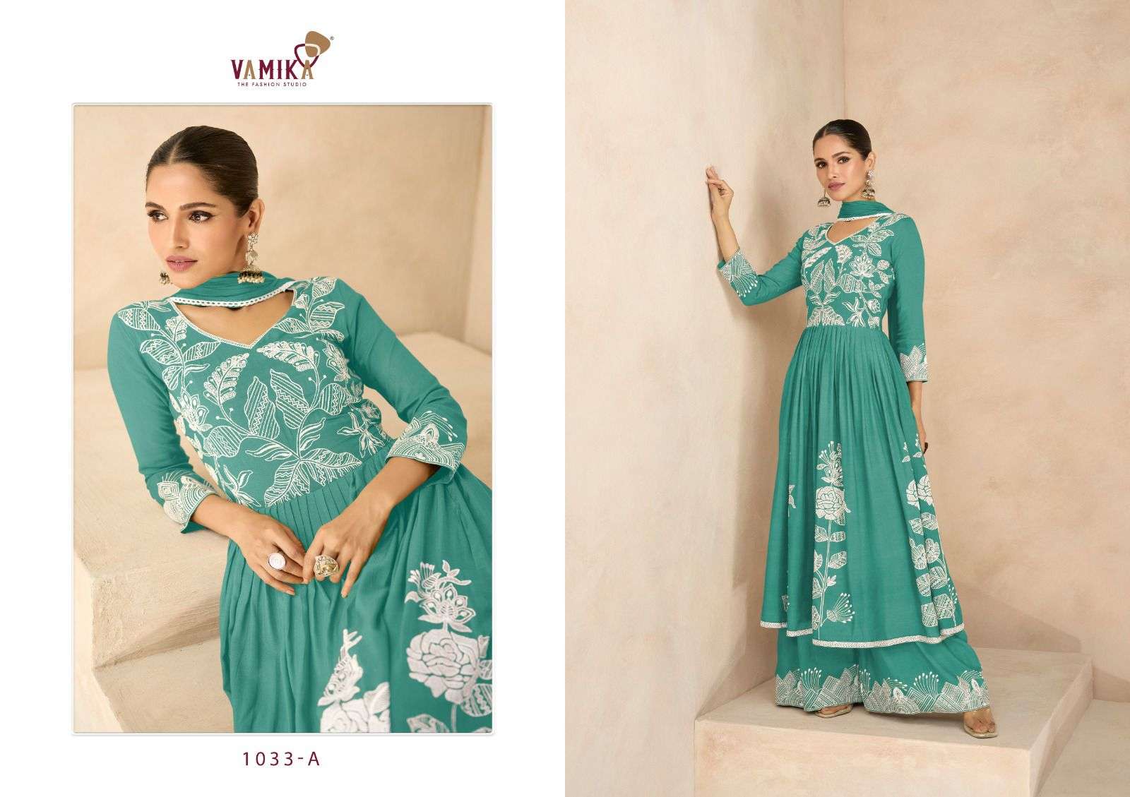 LAKHNAVI VOL-6 SUPER HIT BY VAMIKA HEAVY RAYON EMBROIDERY KURTI PLAZO DUPATTA WITH WHITE THREAD WORK 