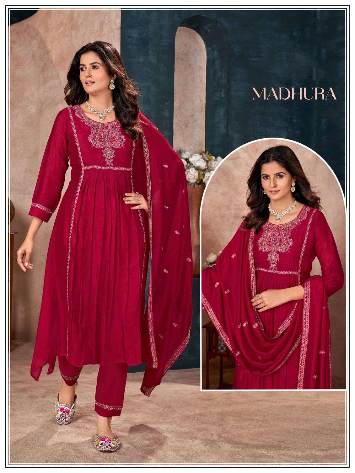 MADHURA RED COLOUR BY TEXOFAB ODD SILK FABRIC WITH MAL LINING KURTI PANT WITH DUPATTA  