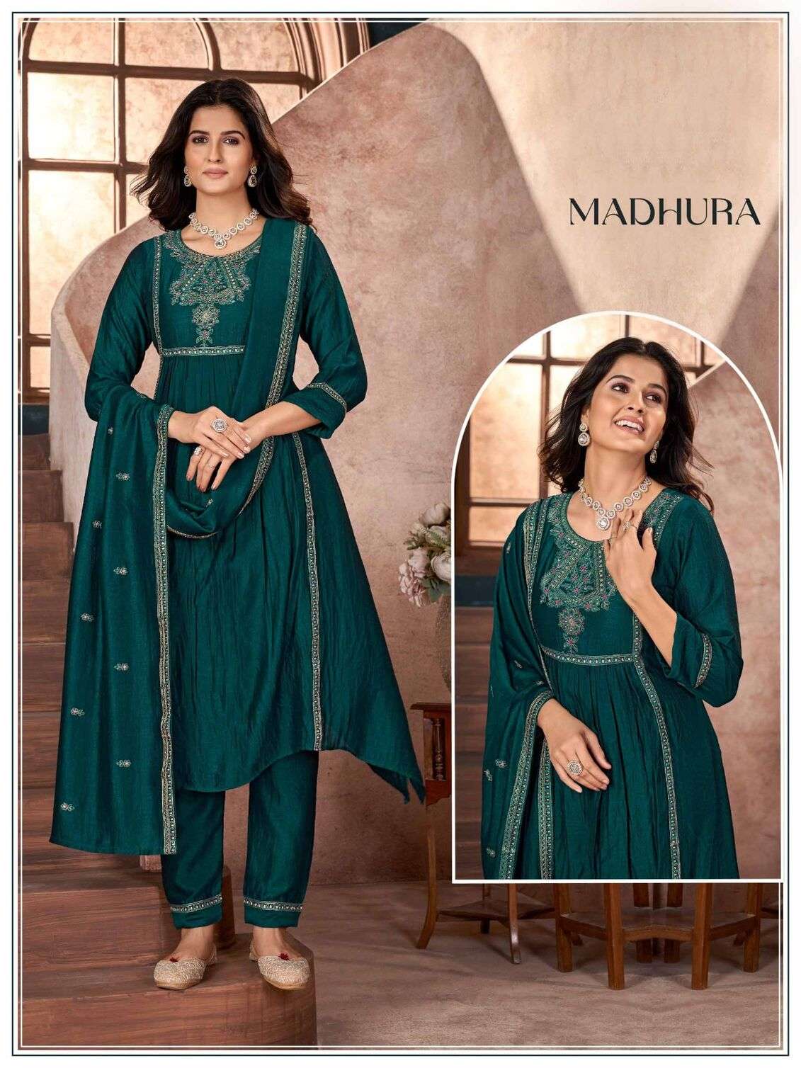 MADHURA TEAL BLUE COLOUR BY TEXOFAB ODD SILK FABRIC WITH MAL LINING KURTI PANT WITH DUPATTA  
