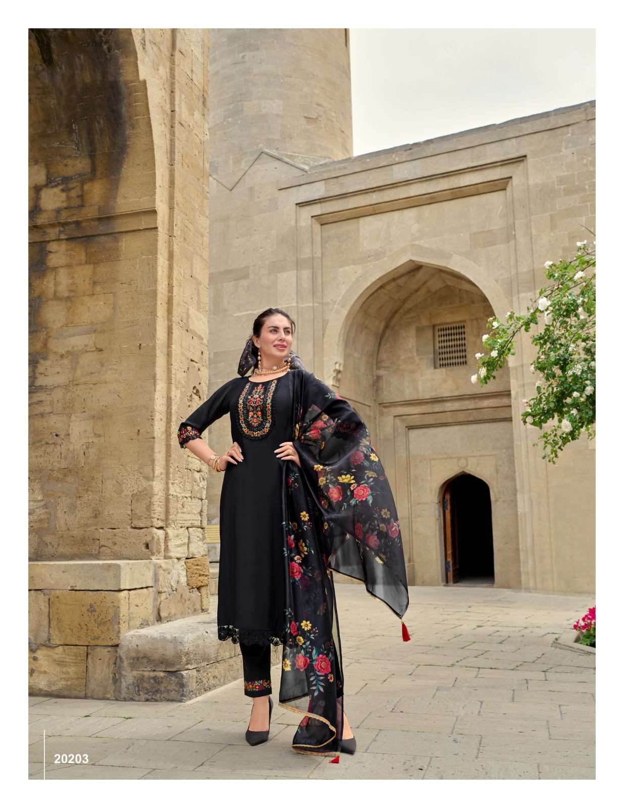 MAHRA DESIGN NO-20203 BY LILY & LALI VISCOSE FABRIC EMBROIDERY KURTI PANT WITH PRINTED DUPATTA  