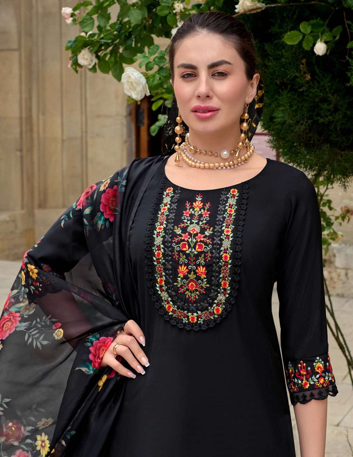 MAHRA DESIGN NO-20203 BY LILY & LALI VISCOSE FABRIC EMBROIDERY KURTI PANT WITH PRINTED DUPATTA  