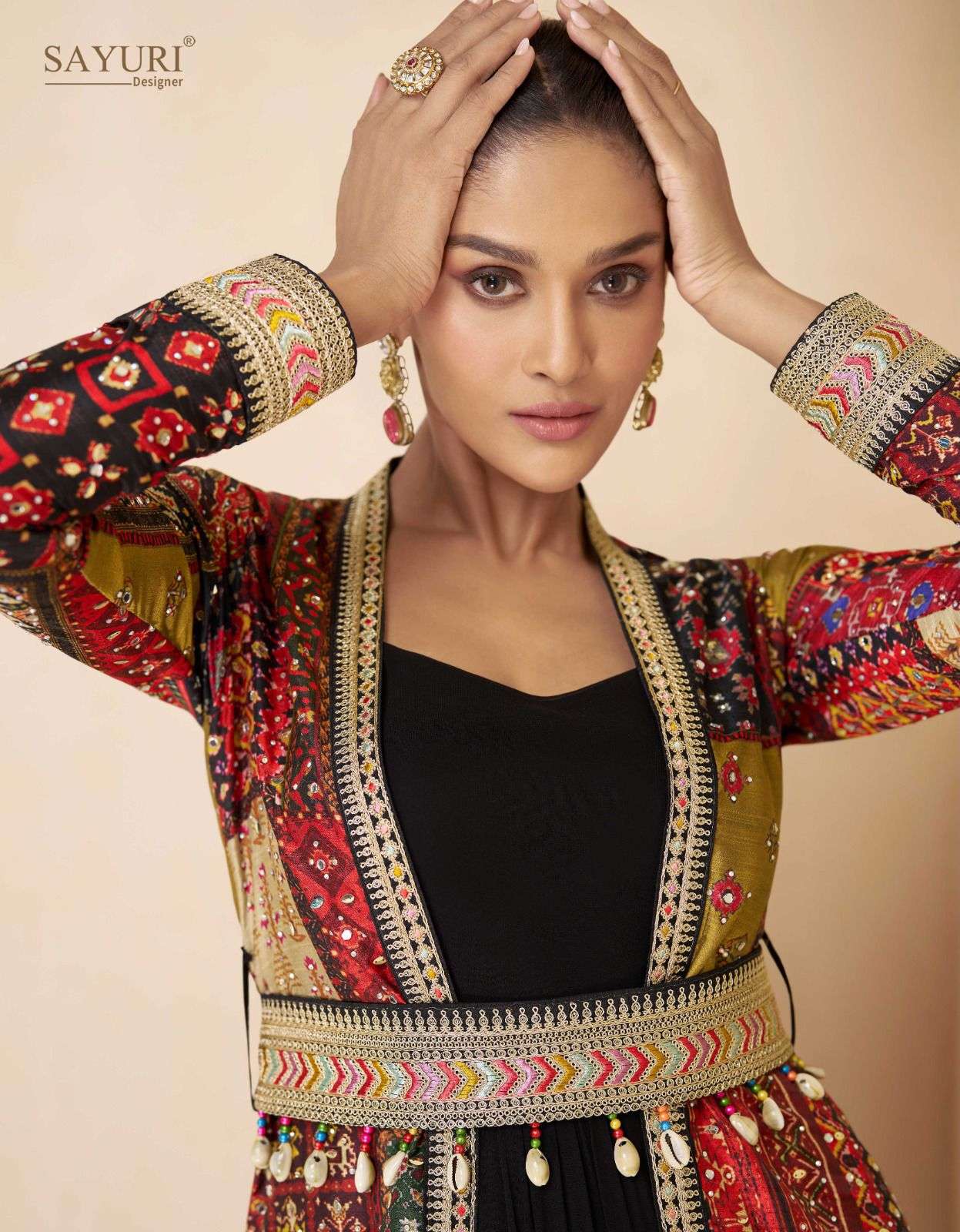 MEERA BY SAYURI DESIGNER REAL GEORGETTE WITH HEAVY EMBROIDERY WORK CROP TOP PLAZO WITH SHRUG 
