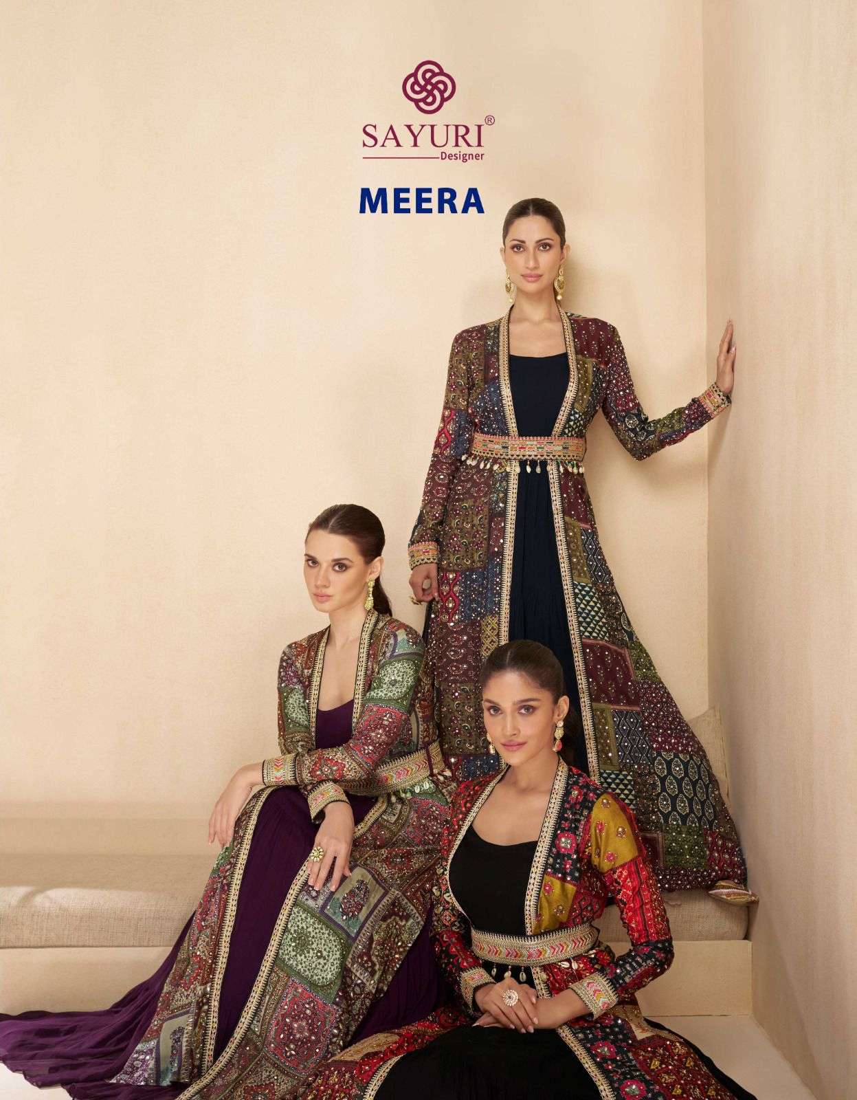 MEERA BY SAYURI DESIGNER REAL GEORGETTE WITH HEAVY EMBROIDERY WORK CROP TOP PLAZO WITH SHRUG 