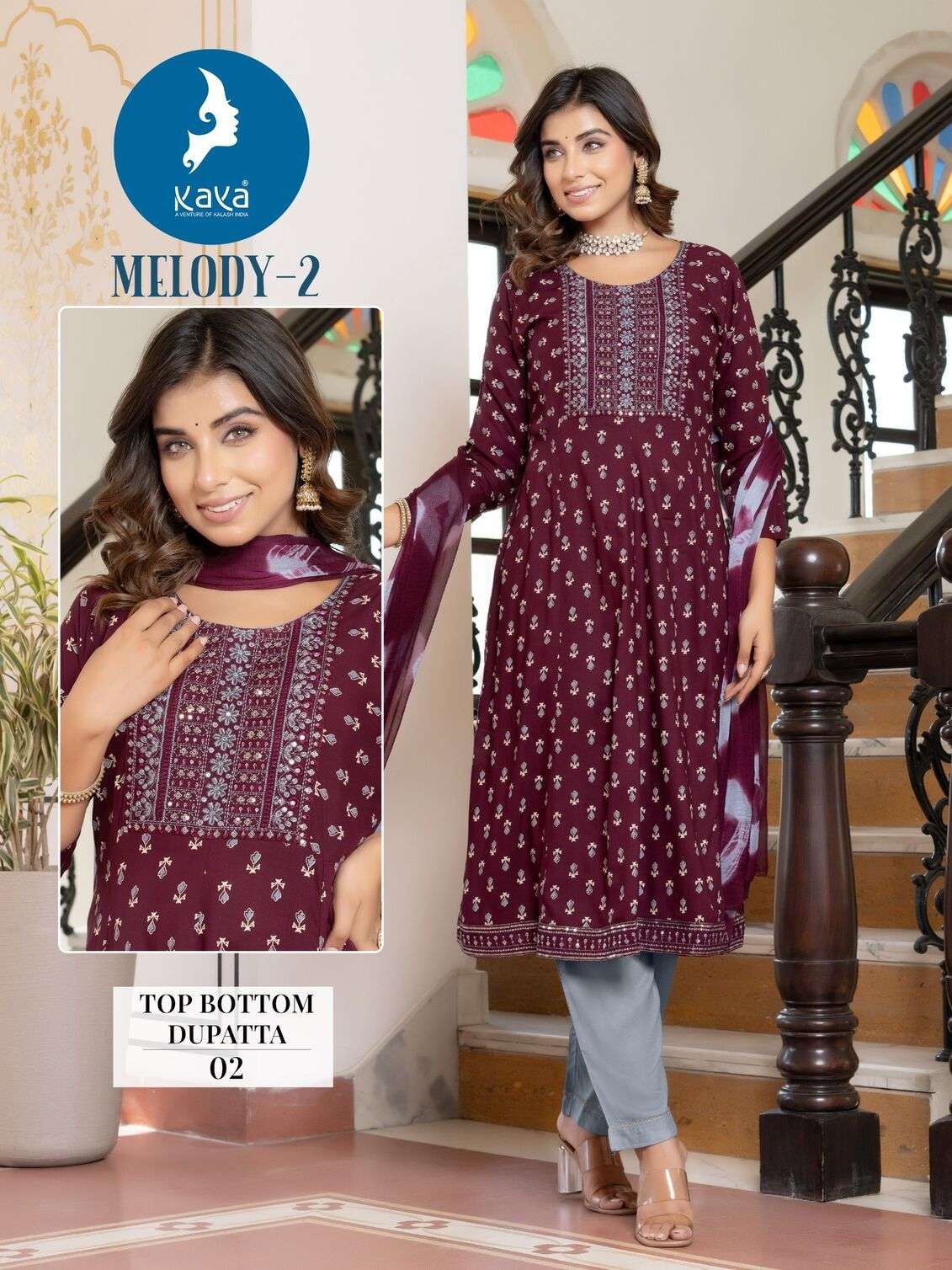 MELODY VOL-2 BY KAYA KURTI RAYON PRINT THREAD WORK KURTI PANT WITH DUPATTA 