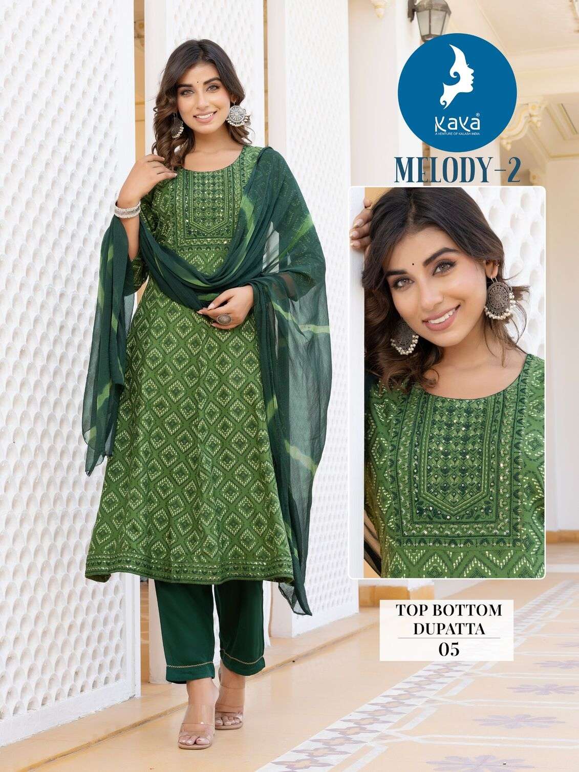 MELODY VOL-2 BY KAYA KURTI RAYON PRINT THREAD WORK KURTI PANT WITH DUPATTA 