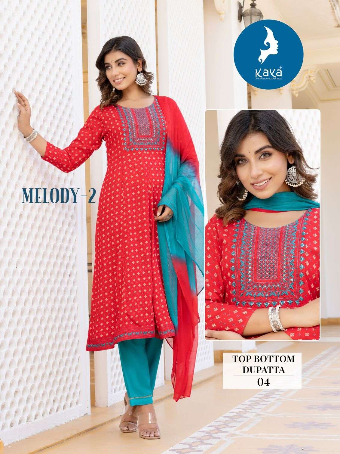 MELODY VOL-2 BY KAYA KURTI RAYON PRINT THREAD WORK KURTI PANT WITH DUPATTA 