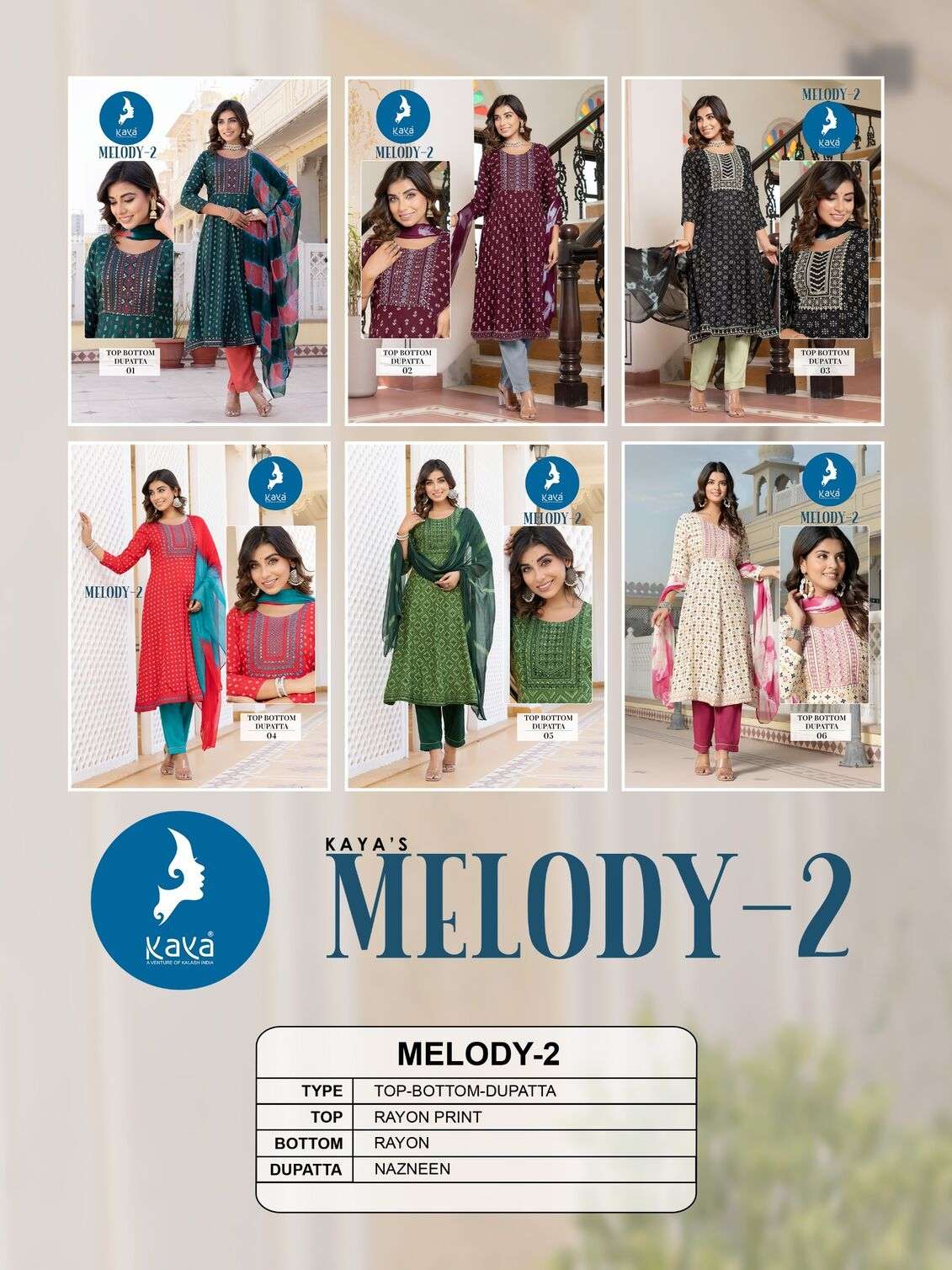 MELODY VOL-2 BY KAYA KURTI RAYON PRINT THREAD WORK KURTI PANT WITH DUPATTA 