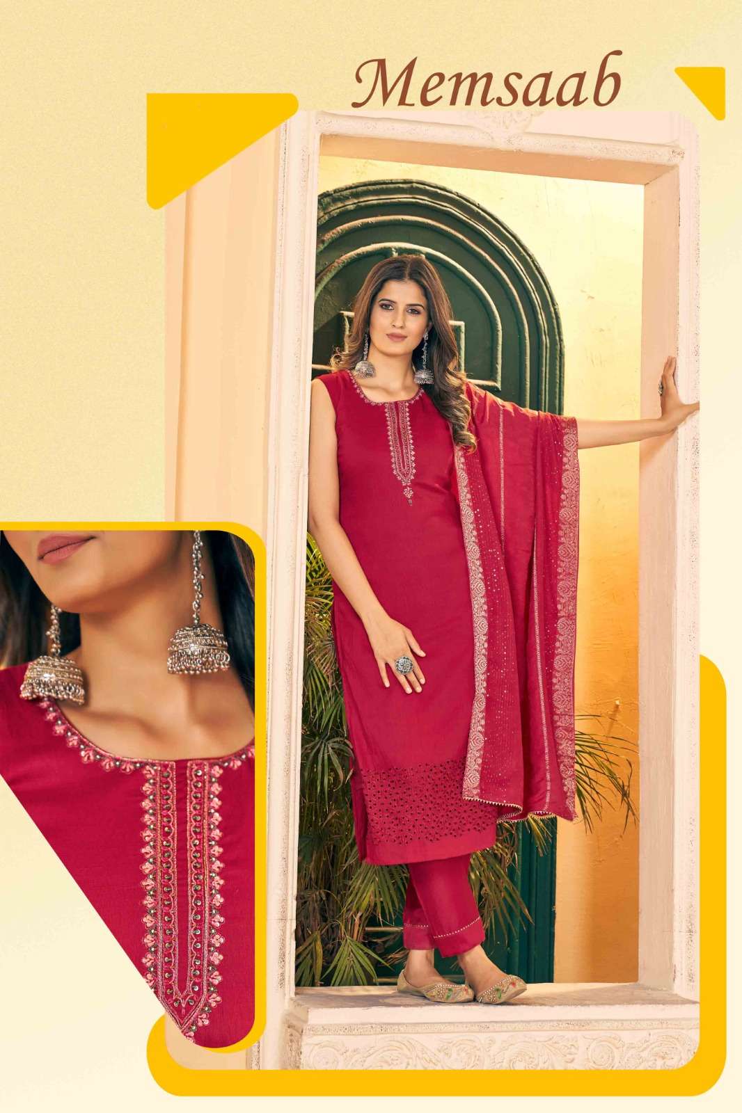 MEMSAAB BY TEXOFAB PURE TISSUE WITH HANDWORK KURTI PANT WITH DUPATTA SET 
