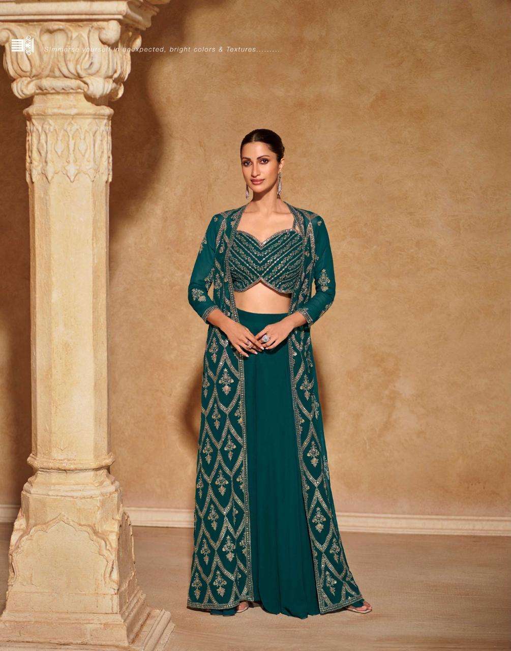 MERAKI BY SAYURI DESIGNER REAL GEORGETTE HEAVY EMBROIDERY CROP TOP PLAZO WITH DUPATTA 