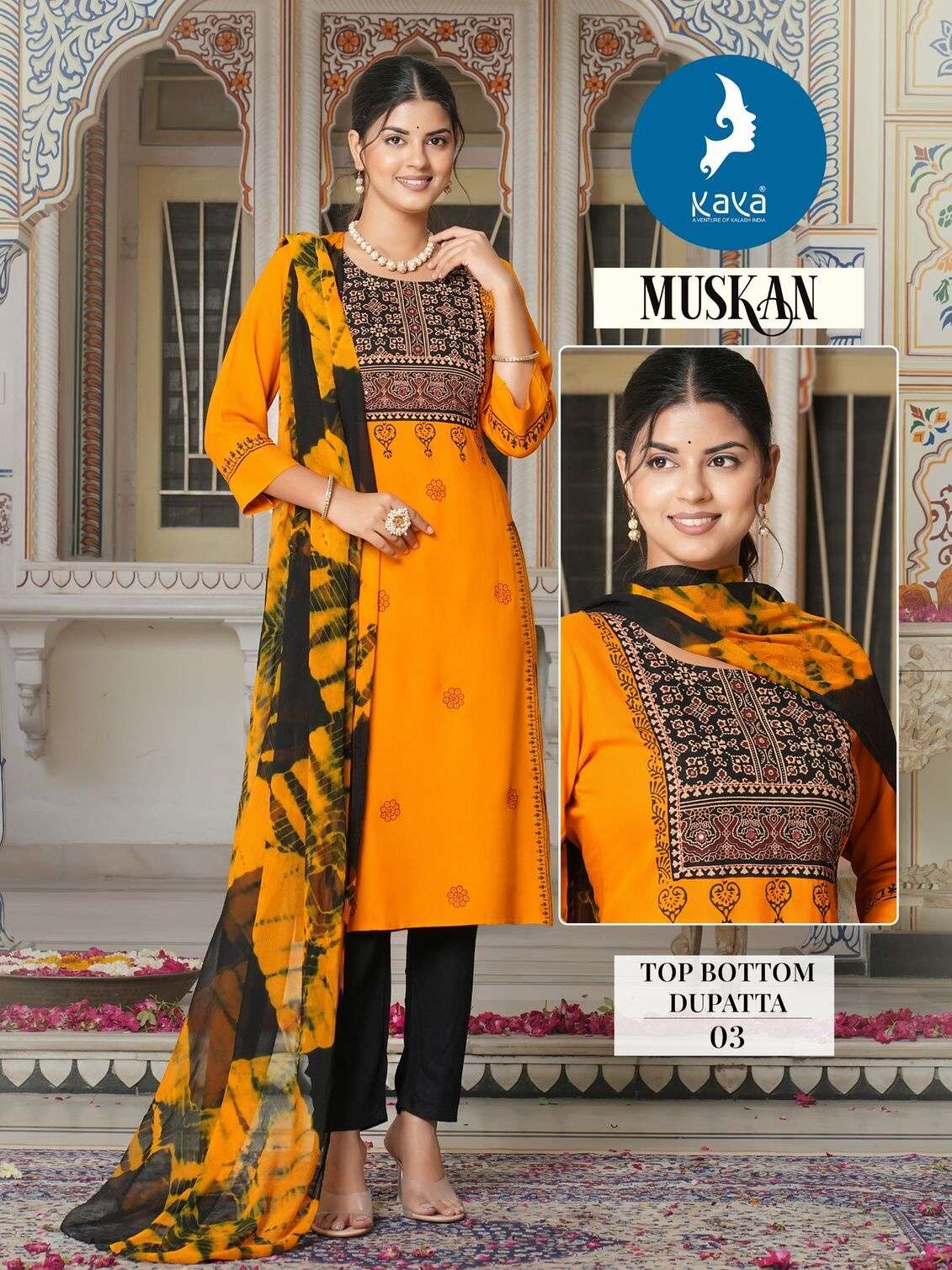 MUSKAN BY KAYA KURTI RAYON FABRIC & HANDWORK NECK KURTI PANT WITH NAZNEEN DUPATTA