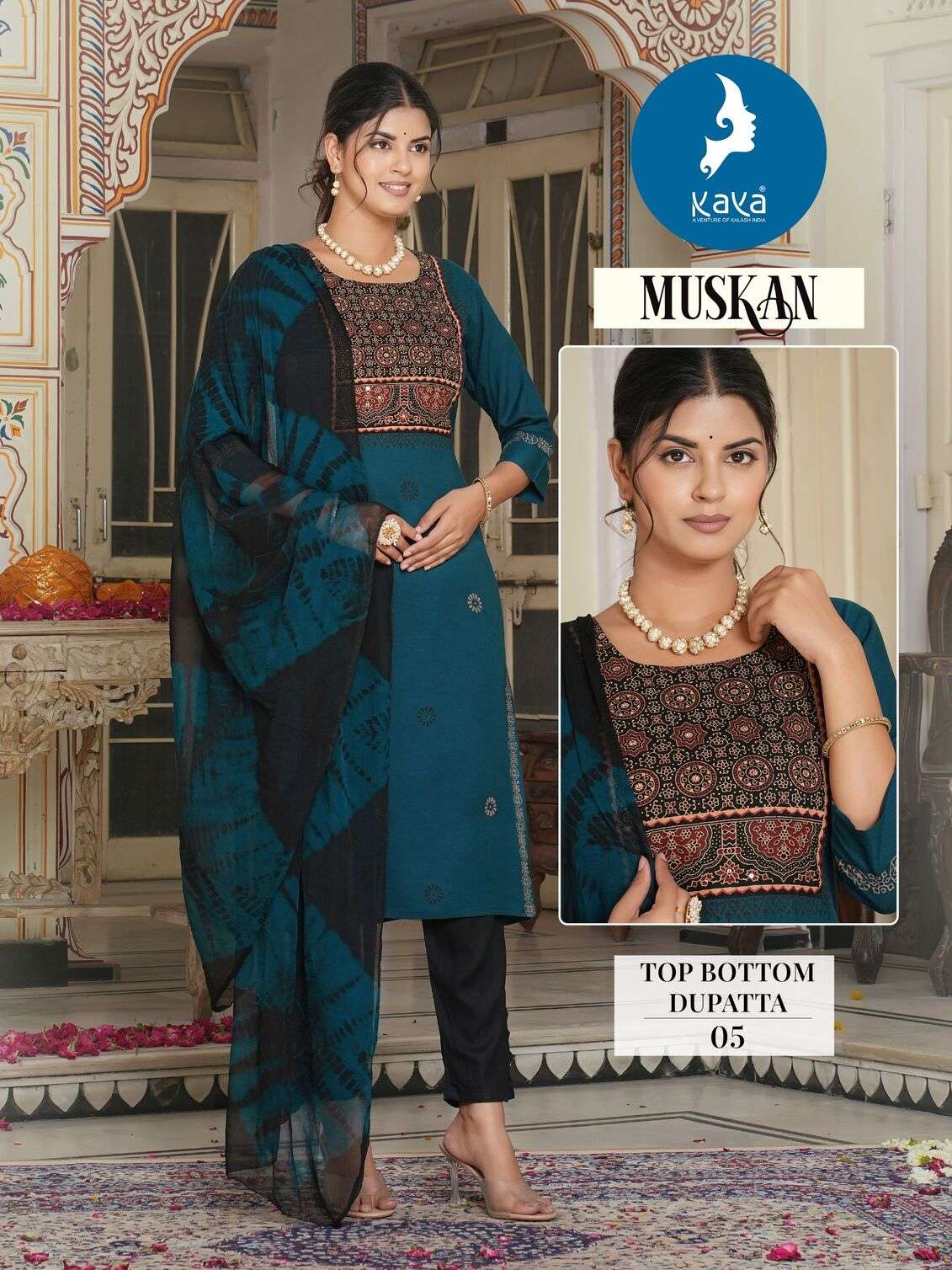 MUSKAN BY KAYA KURTI RAYON FABRIC & HANDWORK NECK KURTI PANT WITH NAZNEEN DUPATTA