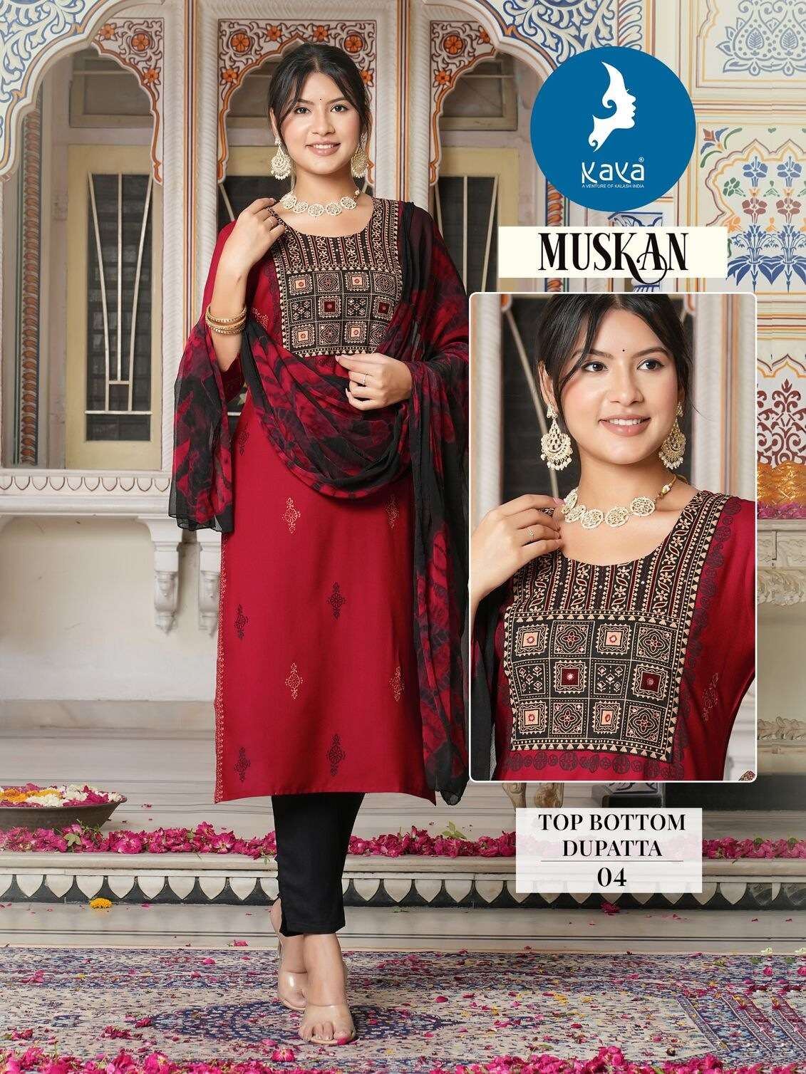 MUSKAN BY KAYA KURTI RAYON FABRIC & HANDWORK NECK KURTI PANT WITH NAZNEEN DUPATTA