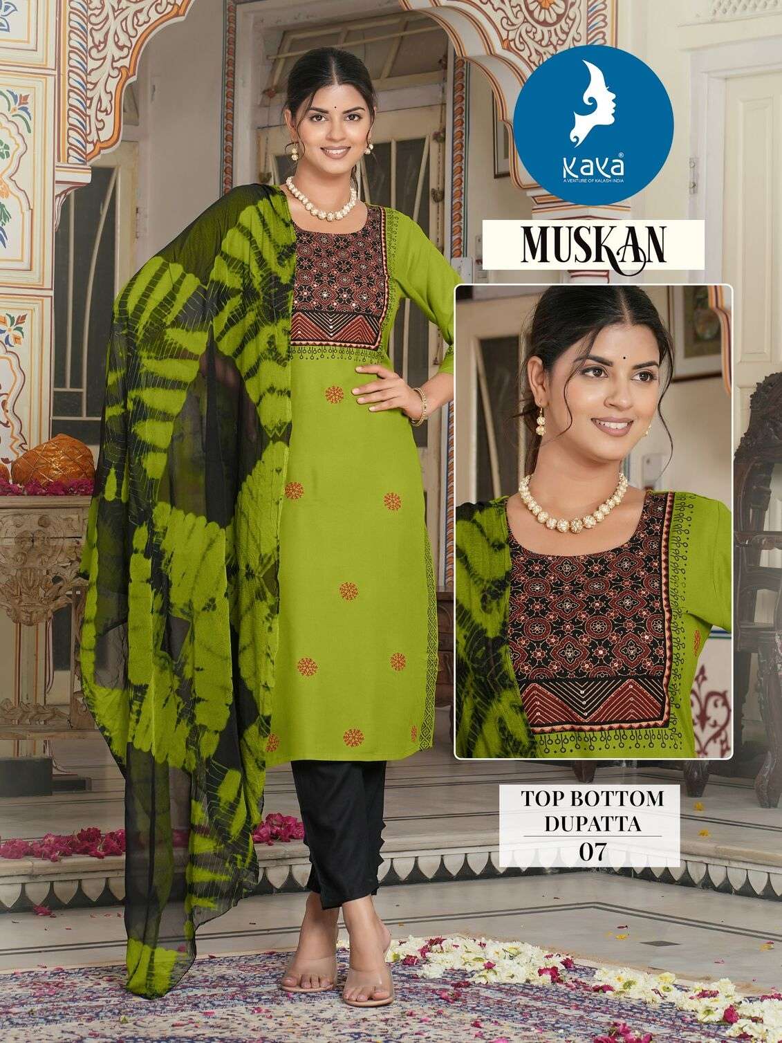 MUSKAN BY KAYA KURTI RAYON FABRIC & HANDWORK NECK KURTI PANT WITH NAZNEEN DUPATTA