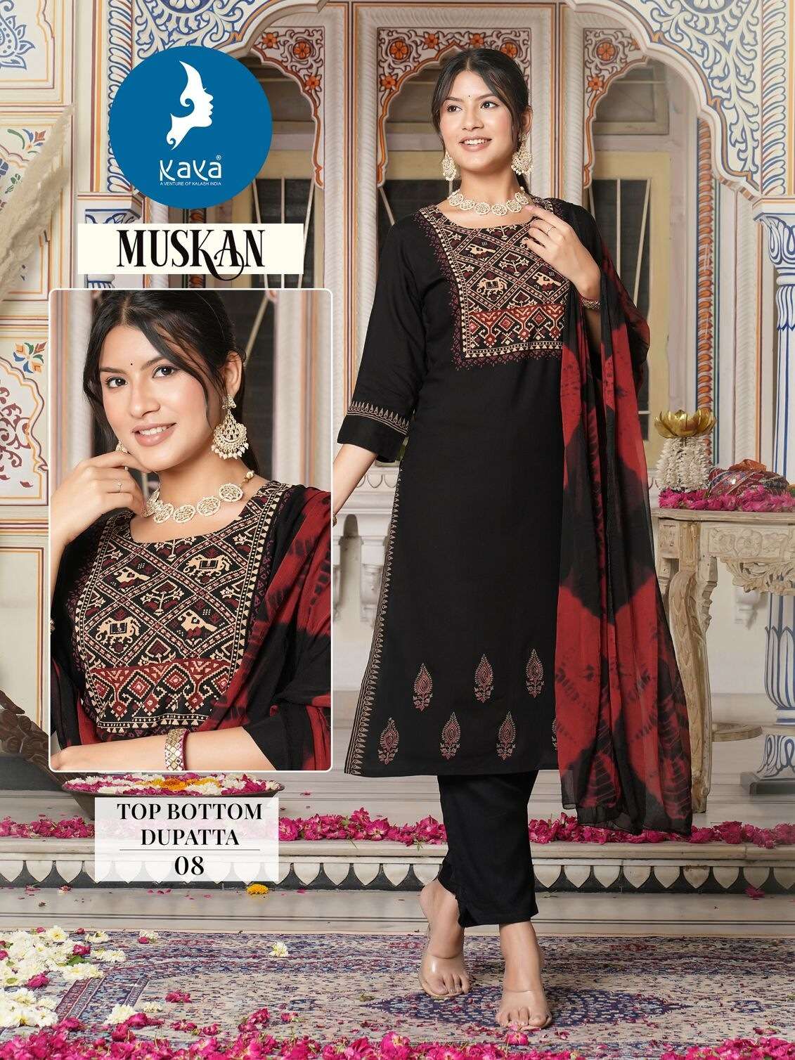 MUSKAN BY KAYA KURTI RAYON FABRIC & HANDWORK NECK KURTI PANT WITH NAZNEEN DUPATTA