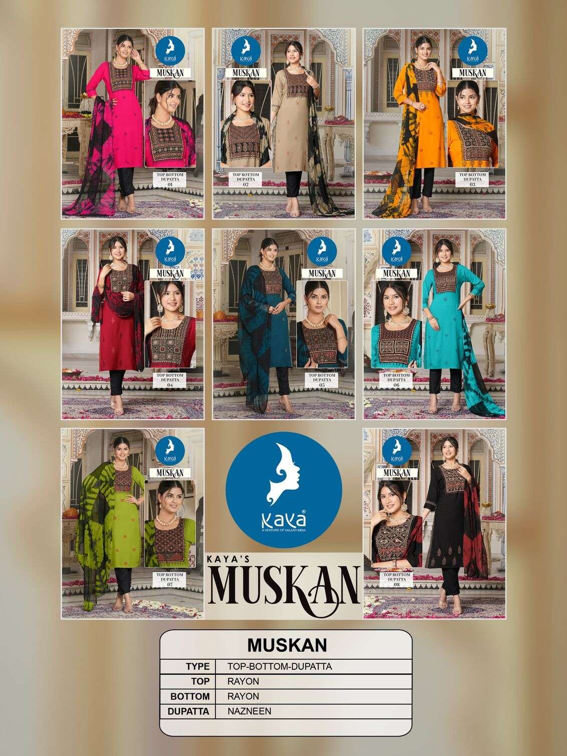 MUSKAN BY KAYA KURTI RAYON FABRIC & HANDWORK NECK KURTI PANT WITH NAZNEEN DUPATTA