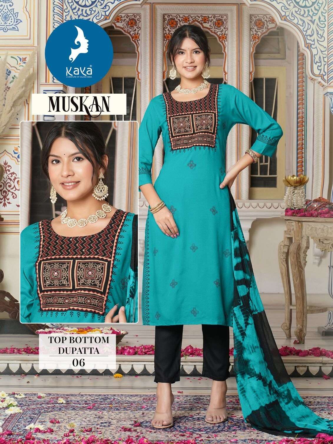 MUSKAN BY KAYA KURTI RAYON FABRIC & HANDWORK NECK KURTI PANT WITH NAZNEEN DUPATTA