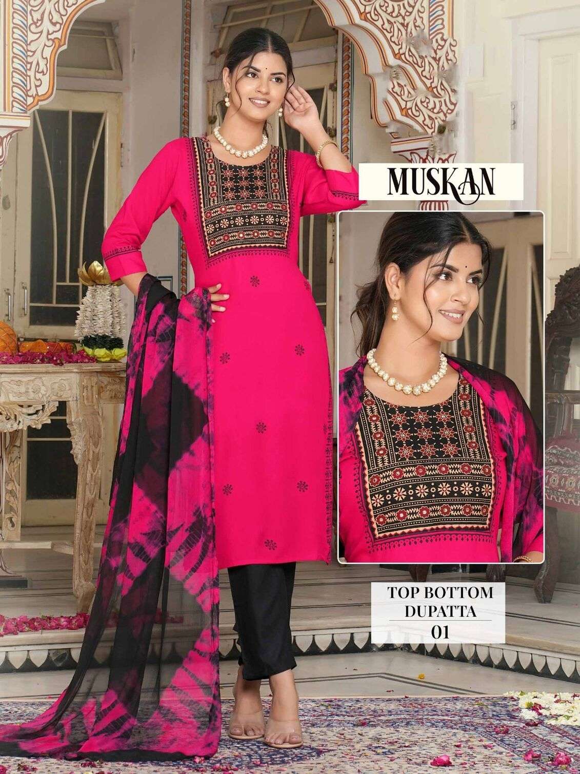 MUSKAN DESIGN NO-01 BY KAYA KURTI RAYON FABRIC 3 PIECE CONCEPT WITH STRAIGHT CUT 