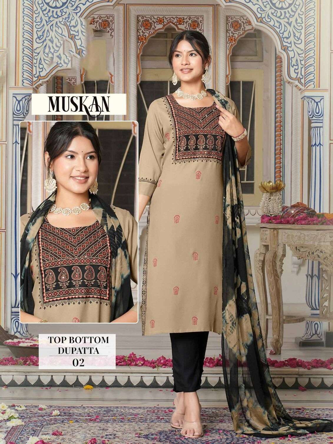 MUSKAN DESIGN NO-02 BY KAYA KURTI RAYON FABRIC 3 PIECE CONCEPT WITH STRAIGHT CUT 