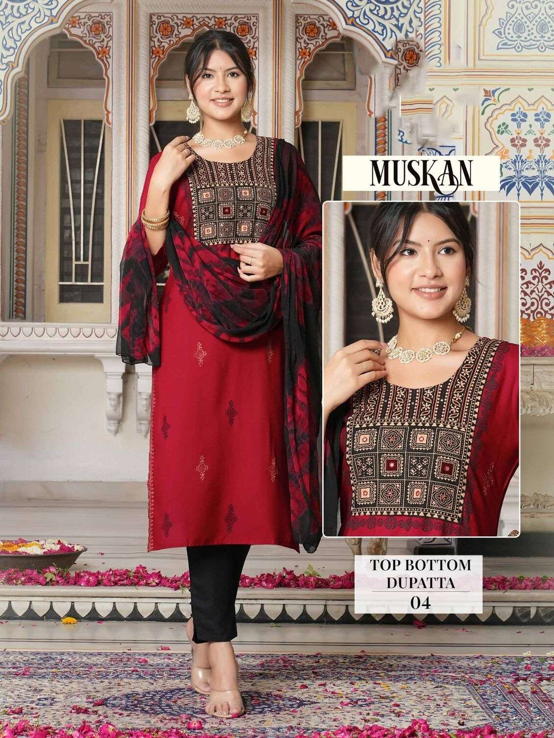 MUSKAN DESIGN NO-04 BY KAYA KURTI RAYON FABRIC 3 PIECE CONCEPT WITH STRAIGHT CUT 