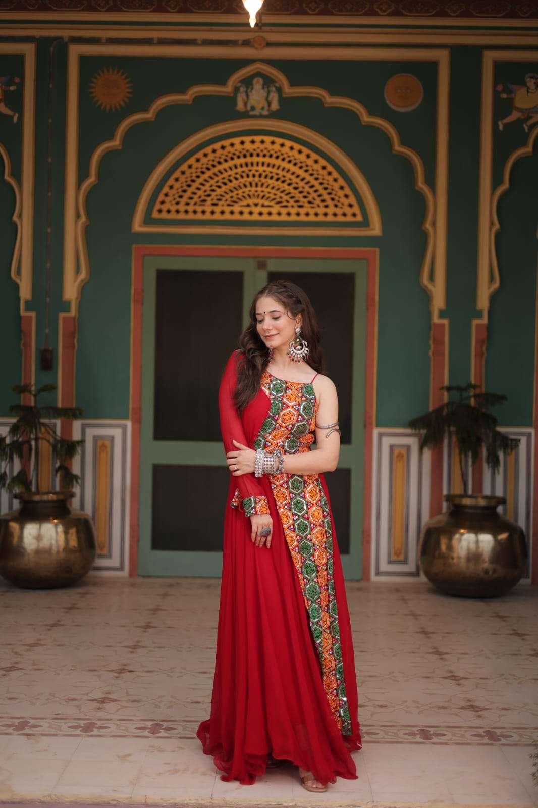 NAVRATRI COLLECTION 2024 BY TEXOFAB RED COLOURED GAMTHI WORK PARTY WEAR GOWN  