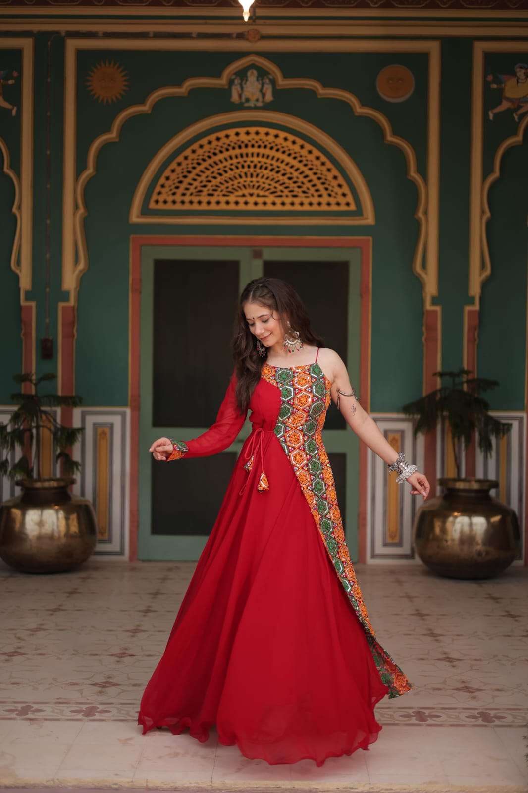 NAVRATRI COLLECTION 2024 BY TEXOFAB RED COLOURED GAMTHI WORK PARTY WEAR GOWN  