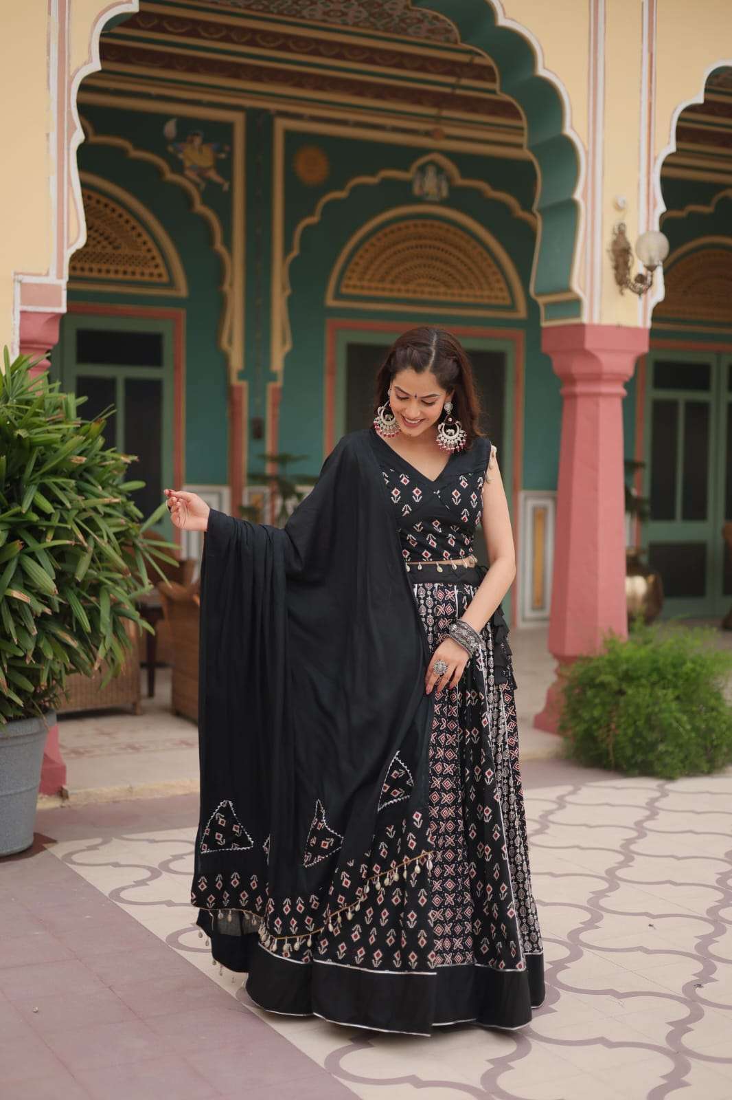 NAVRATRI LEHENGA COLLECTION BY TEXOFAB PRINTED RAYON GOTA PATTI LACE WITH DORI LATKAN LEHENGA BLOUSE WITH DUPATTA 