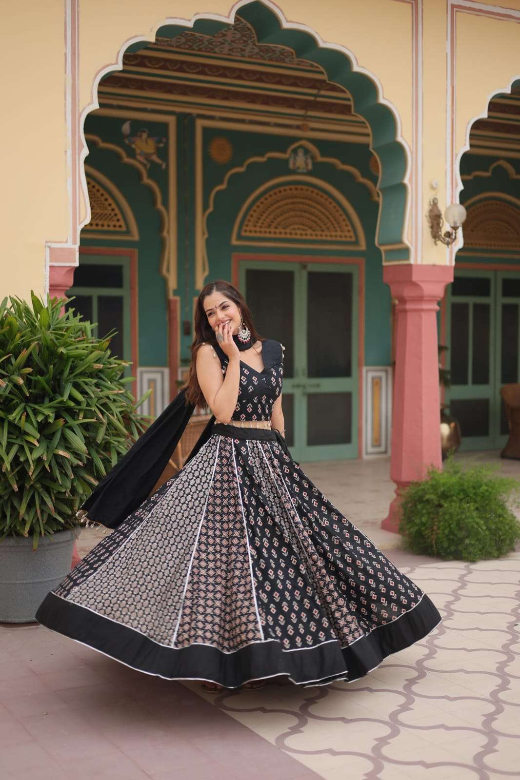 NAVRATRI LEHENGA COLLECTION BY TEXOFAB PRINTED RAYON GOTA PATTI LACE WITH DORI LATKAN LEHENGA BLOUSE WITH DUPATTA 