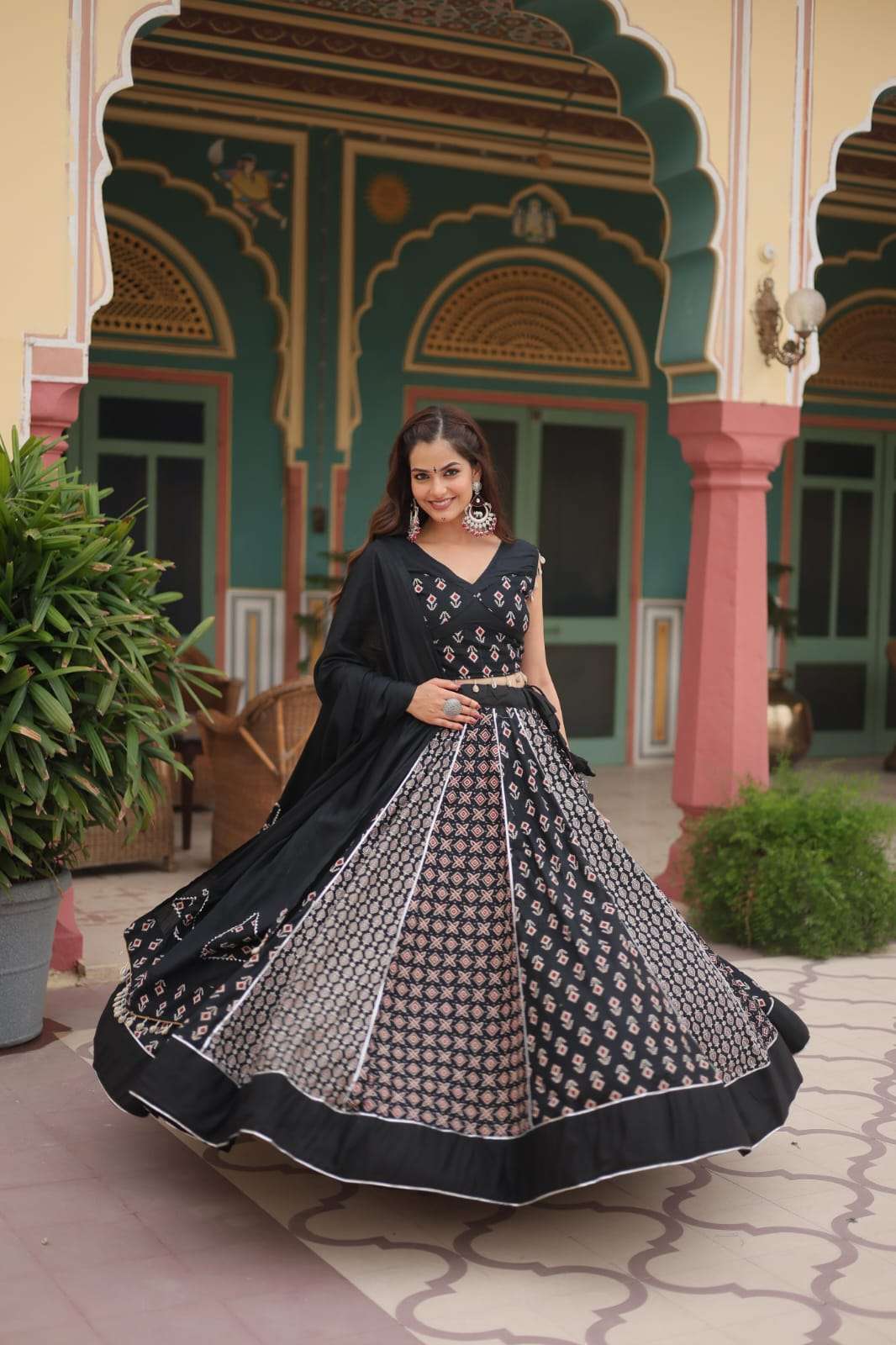 NAVRATRI LEHENGA COLLECTION BY TEXOFAB PRINTED RAYON GOTA PATTI LACE WITH DORI LATKAN LEHENGA BLOUSE WITH DUPATTA 