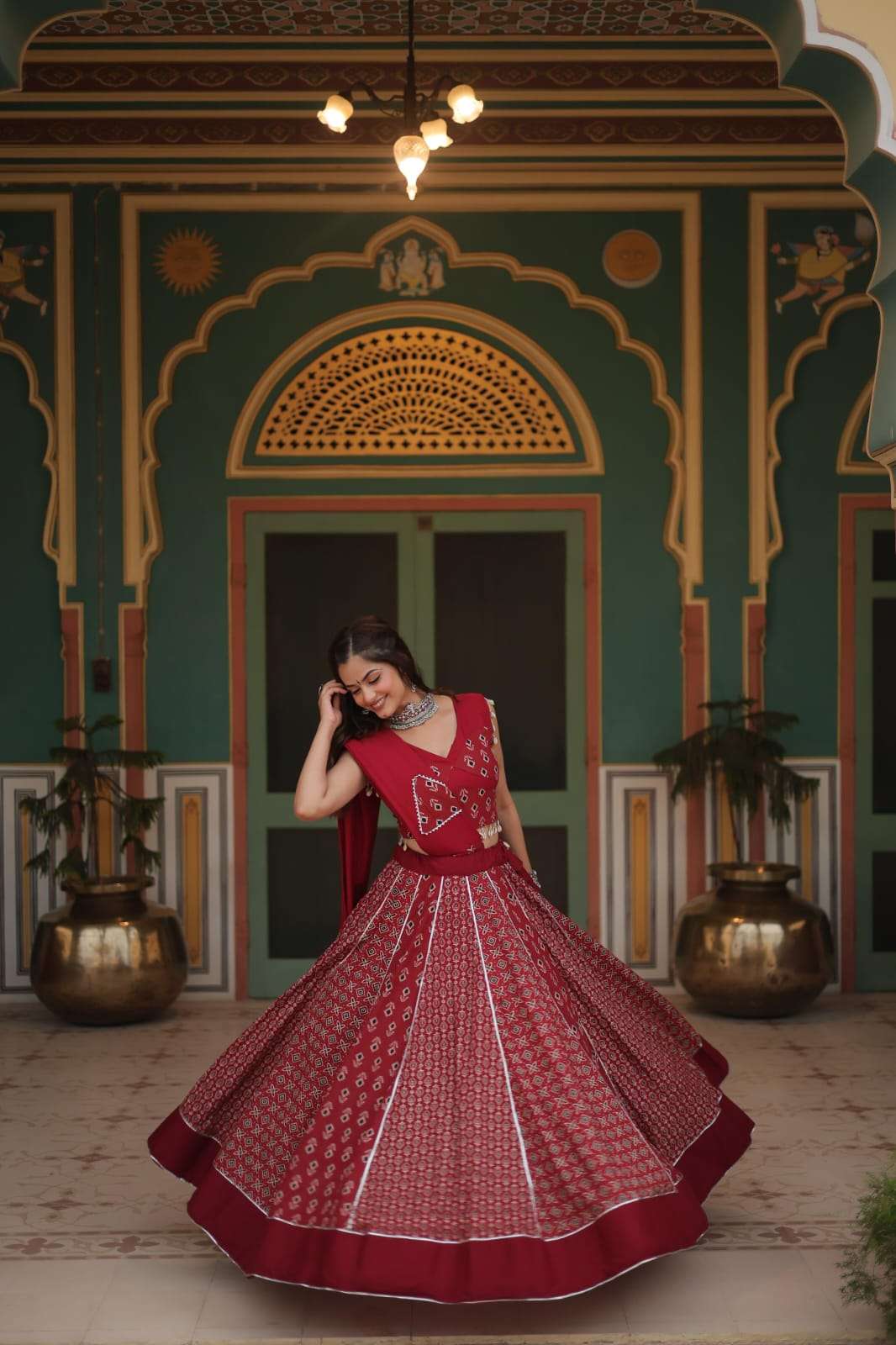 NAVRATRI LEHENGA COLLECTION BY TEXOFAB PRINTED RAYON GOTA PATTI LACE WITH DORI LATKAN LEHENGA BLOUSE WITH DUPATTA 