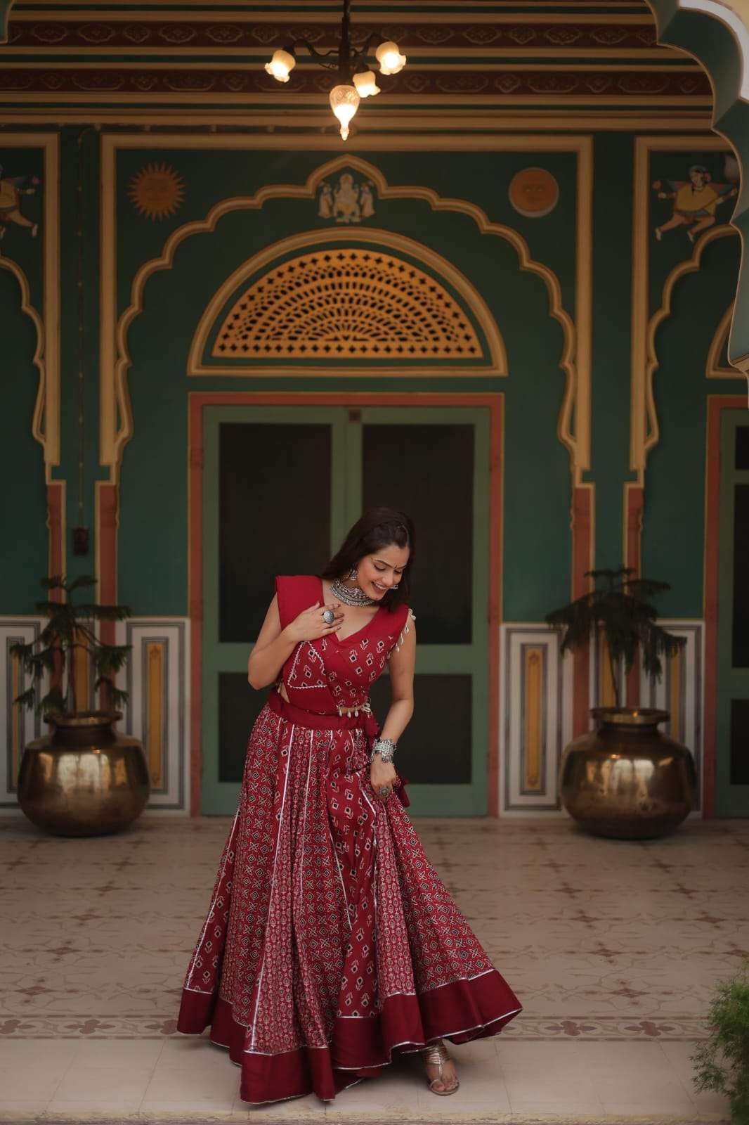 NAVRATRI LEHENGA COLLECTION BY TEXOFAB PRINTED RAYON GOTA PATTI LACE WITH DORI LATKAN LEHENGA BLOUSE WITH DUPATTA 