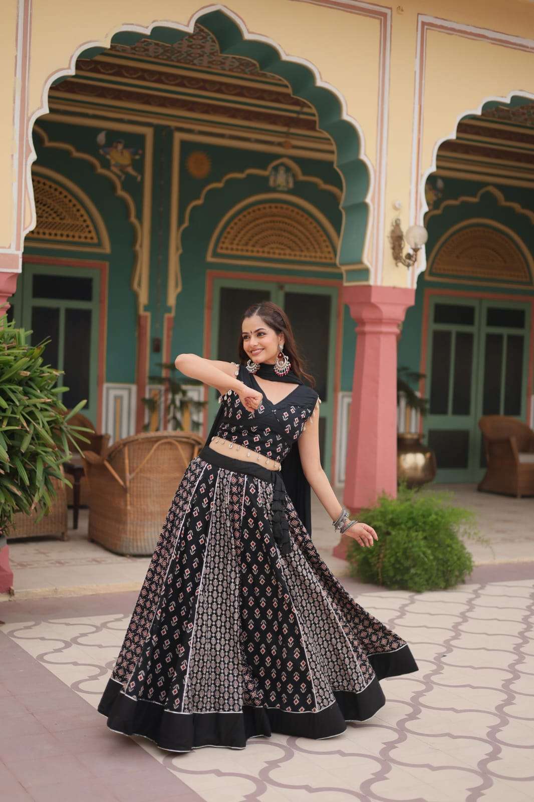 NAVRATRI LEHENGA COLLECTION BY TEXOFAB PRINTED RAYON GOTA PATTI LACE WITH DORI LATKAN LEHENGA BLOUSE WITH DUPATTA 