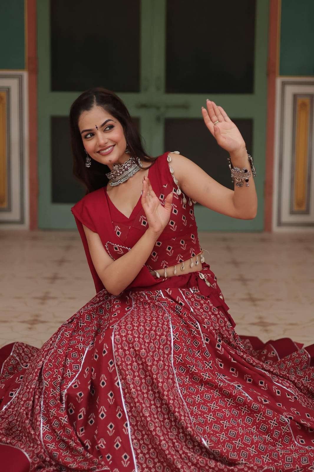 NAVRATRI LEHENGA COLLECTION BY TEXOFAB PRINTED RAYON GOTA PATTI LACE WITH DORI LATKAN LEHENGA BLOUSE WITH DUPATTA 