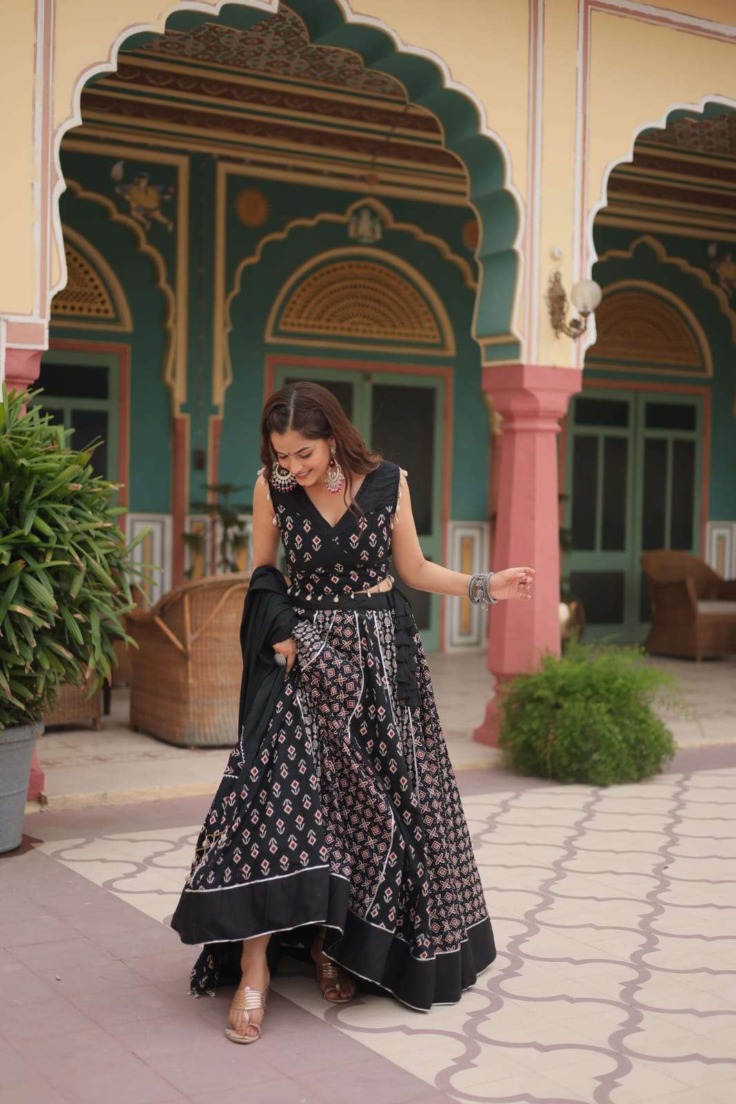 NAVRATRI LEHENGA COLLECTION BY TEXOFAB PRINTED RAYON GOTA PATTI LACE WITH DORI LATKAN LEHENGA BLOUSE WITH DUPATTA 