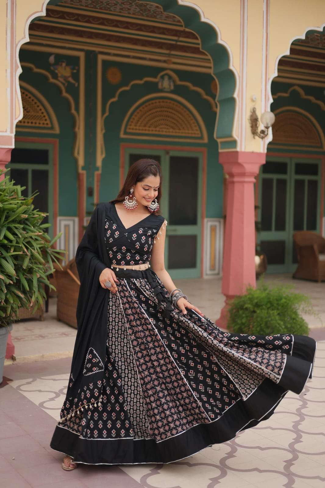 NAVRATRI LEHENGA COLLECTION BY TEXOFAB PRINTED RAYON GOTA PATTI LACE WITH DORI LATKAN LEHENGA BLOUSE WITH DUPATTA 