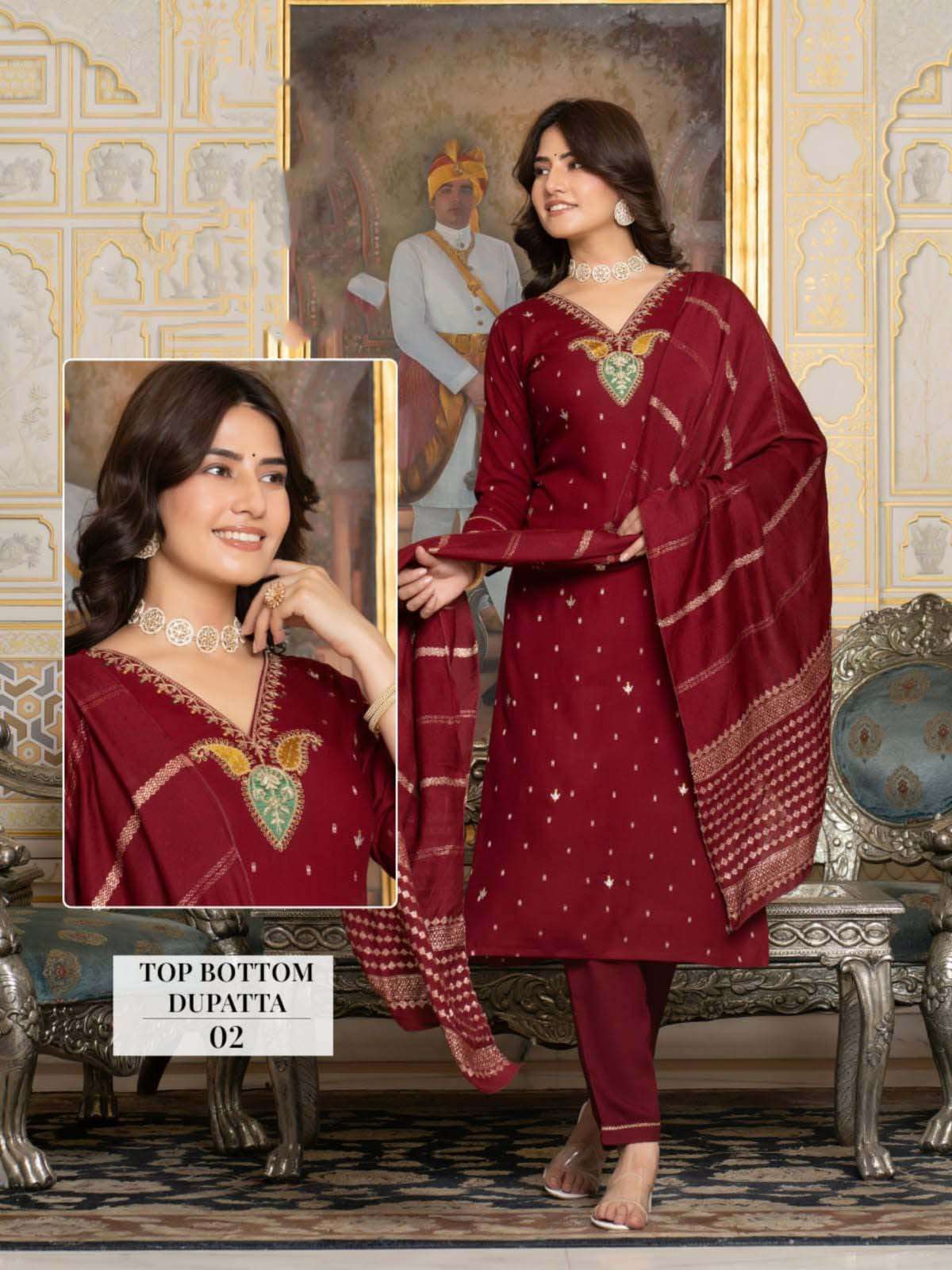 NEERA DESIGN NO-02 BY KAYA KURTI RAYON FABRIC 3 PIECE CONCEPT STRAIGHT CUT WITH ONE SIDE POCKET  