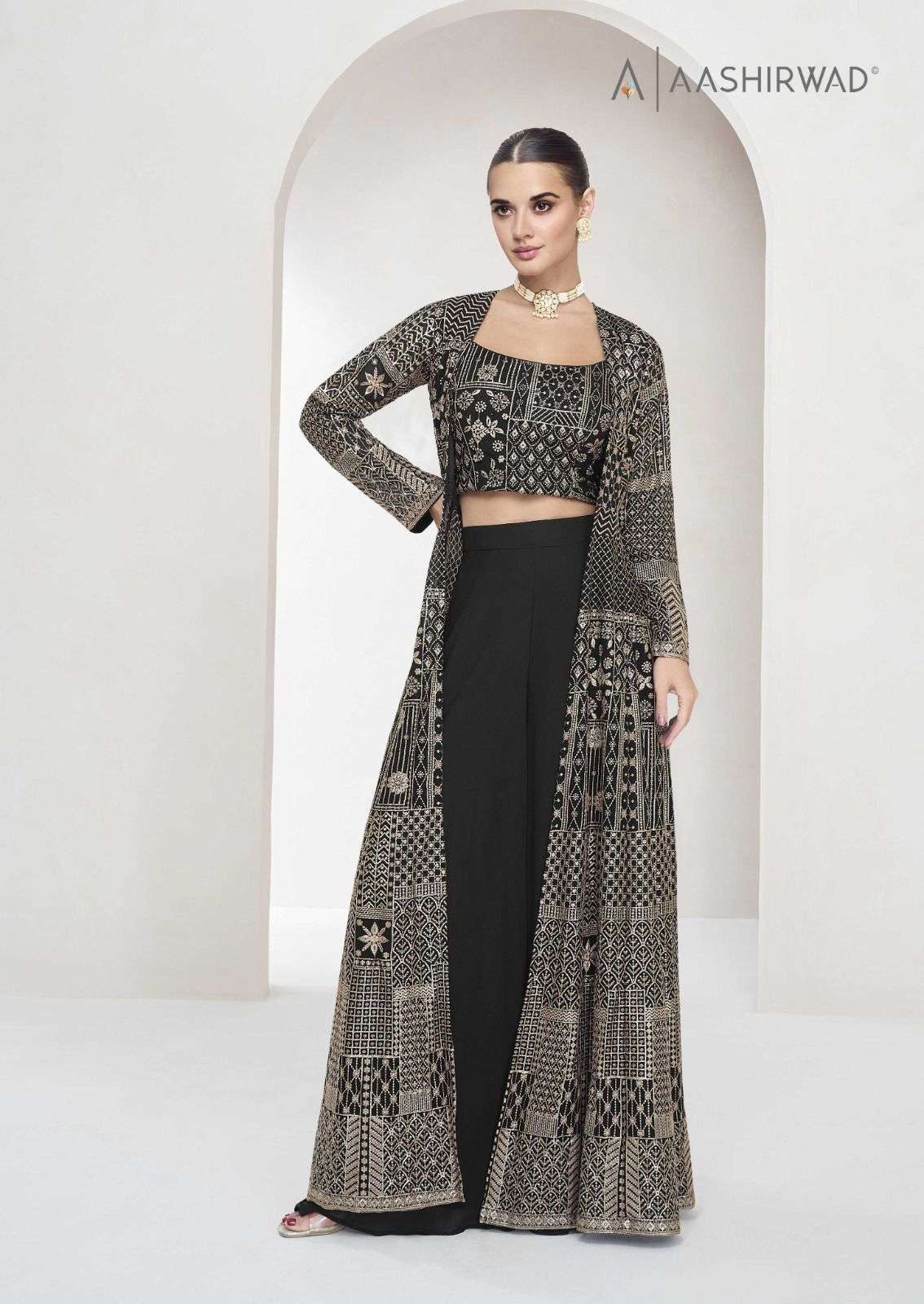 NITYA BY AASHIRWAD CREATION HEAVY DESIGNER REAL GEORGETTE FABRIC CROP TOP PLAZZO WITH SHRUG 