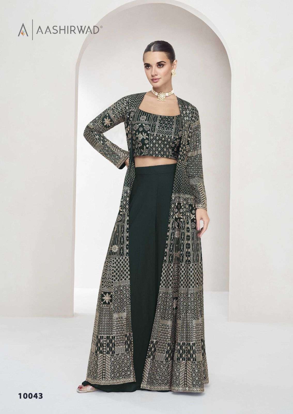 NITYA BY AASHIRWAD CREATION HEAVY DESIGNER REAL GEORGETTE FABRIC CROP TOP PLAZZO WITH SHRUG 