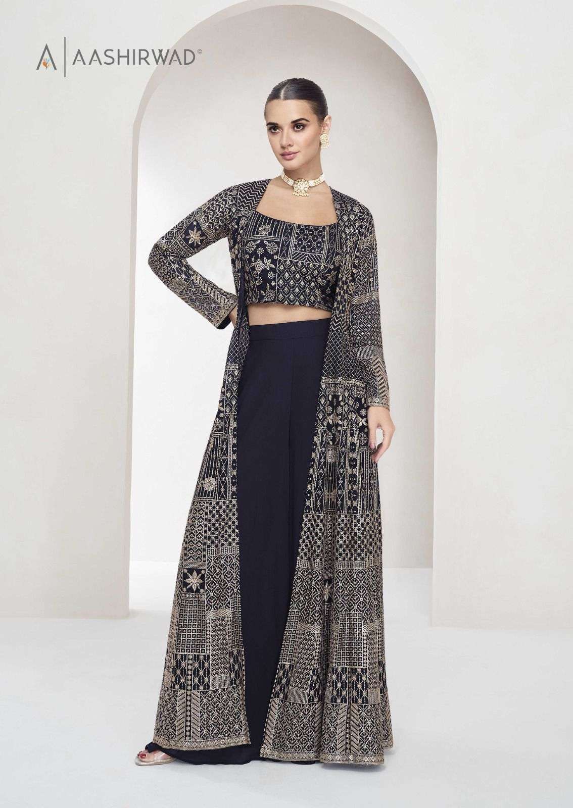 NITYA BY AASHIRWAD CREATION HEAVY DESIGNER REAL GEORGETTE FABRIC CROP TOP PLAZZO WITH SHRUG 