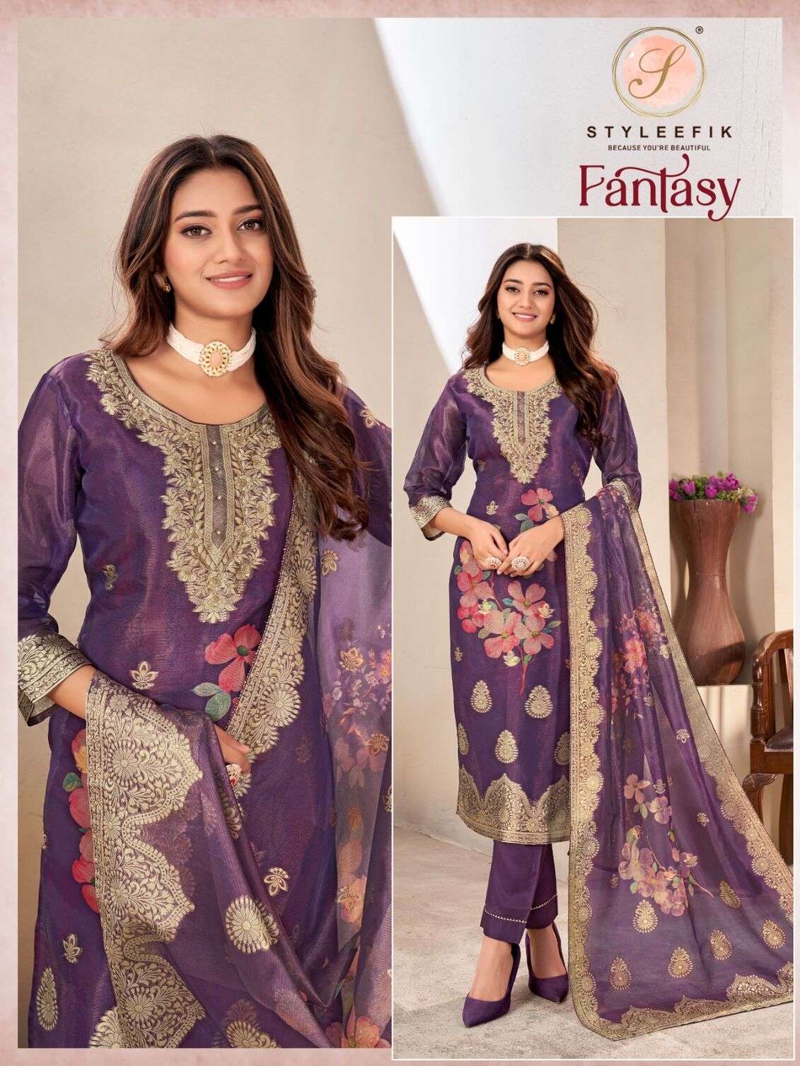 ORGANZA SIMMER BY STYLEFIK COTTON PURE MAL LINING DIGITAL PRINTS KURTI PANT WITH DUPATTA 