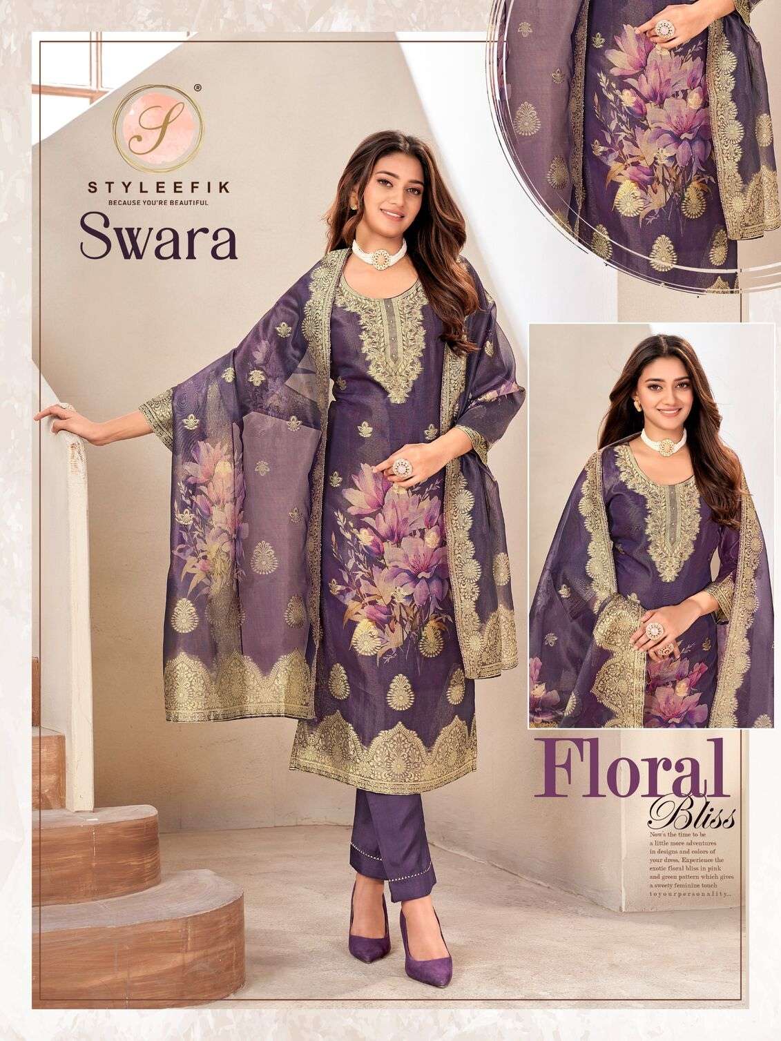 ORGANZA SIMMER BY STYLEFIK COTTON PURE MAL LINING DIGITAL PRINTS KURTI PANT WITH DUPATTA 