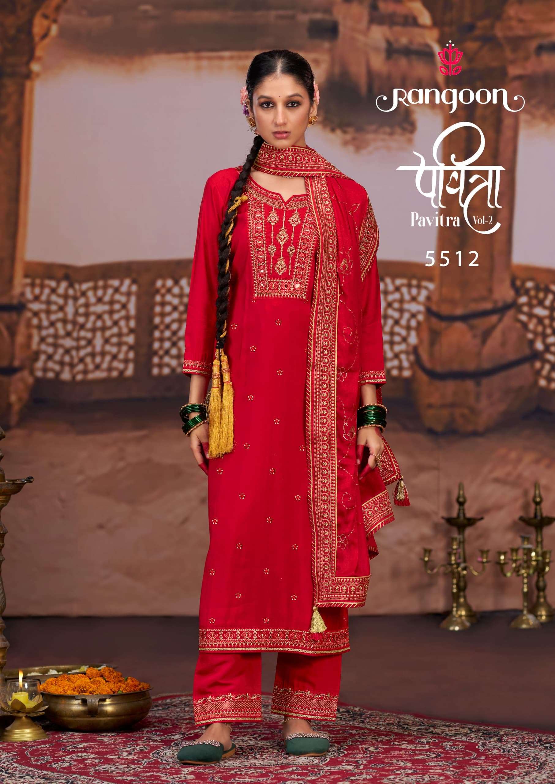 PAVITRA VOL-2 BY RANGOON SILK WITH FANCY EMBROIDERY WORK RED COLOUR KURTI PANT WITH DUPATTA 