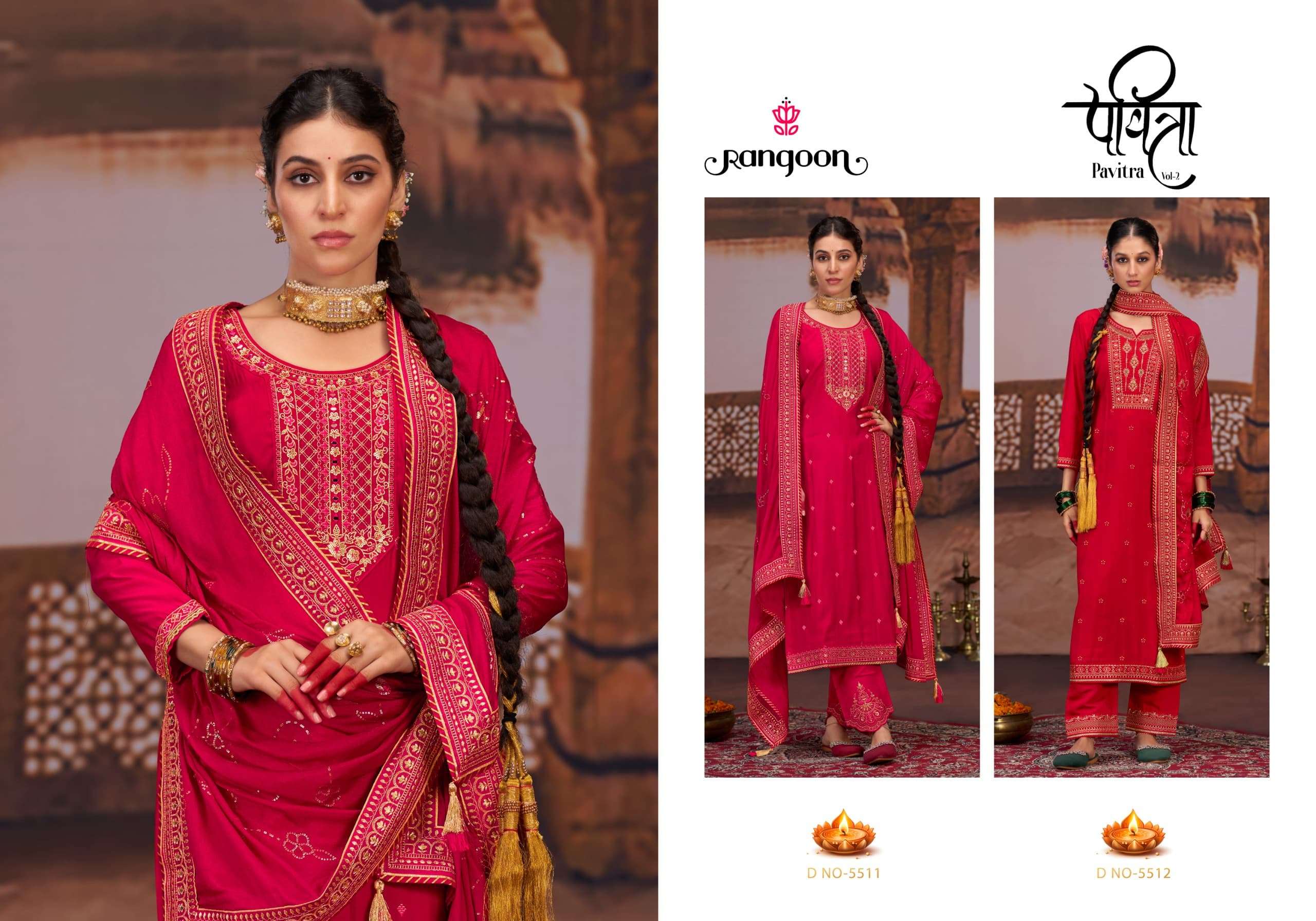 PAVITRA VOL-2 BY RANGOON SILK WITH FANCY EMBROIDERY WORK RED COLOUR KURTI PANT WITH DUPATTA 