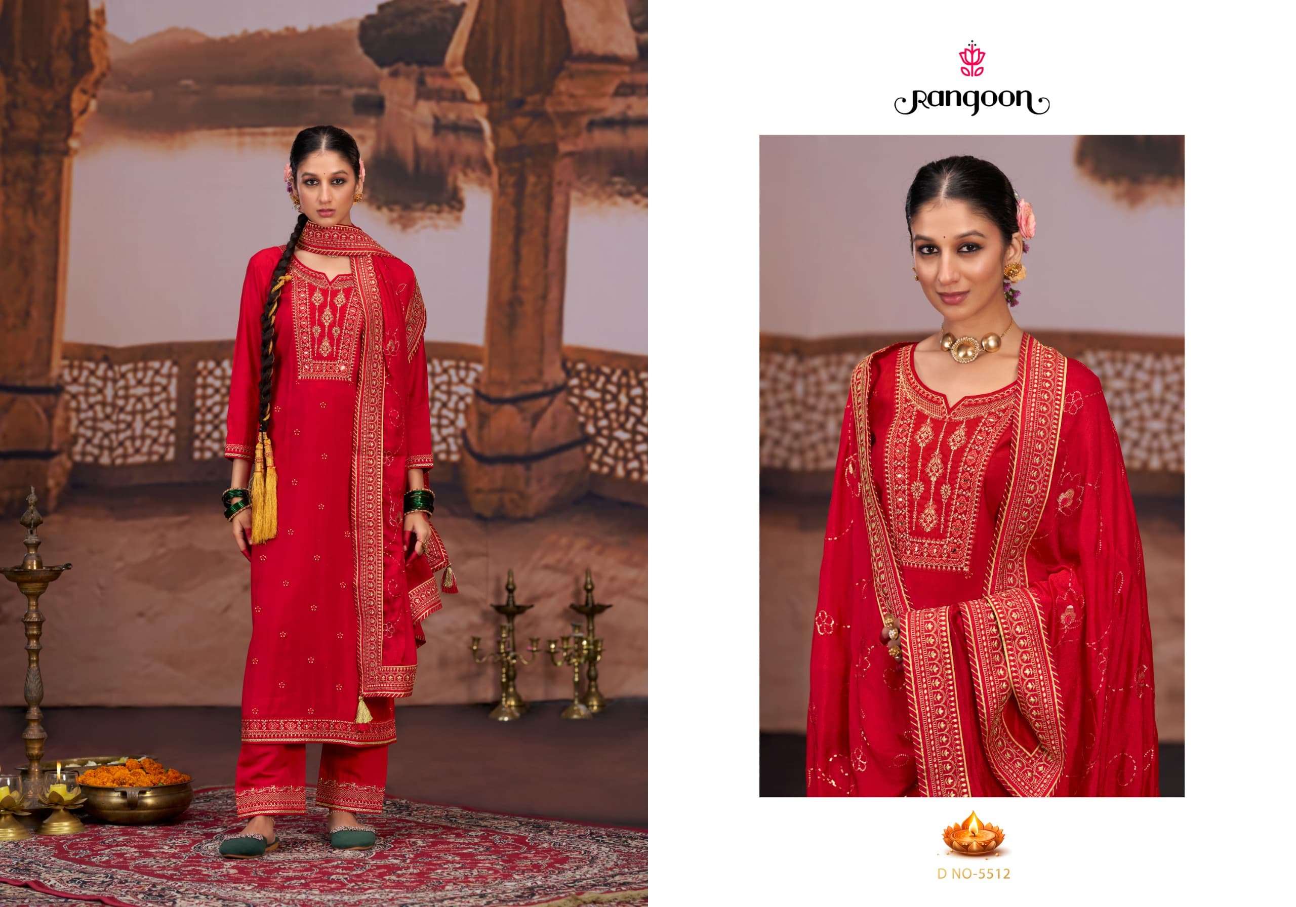 PAVITRA VOL-2 BY RANGOON SILK WITH FANCY EMBROIDERY WORK RED COLOUR KURTI PANT WITH DUPATTA 